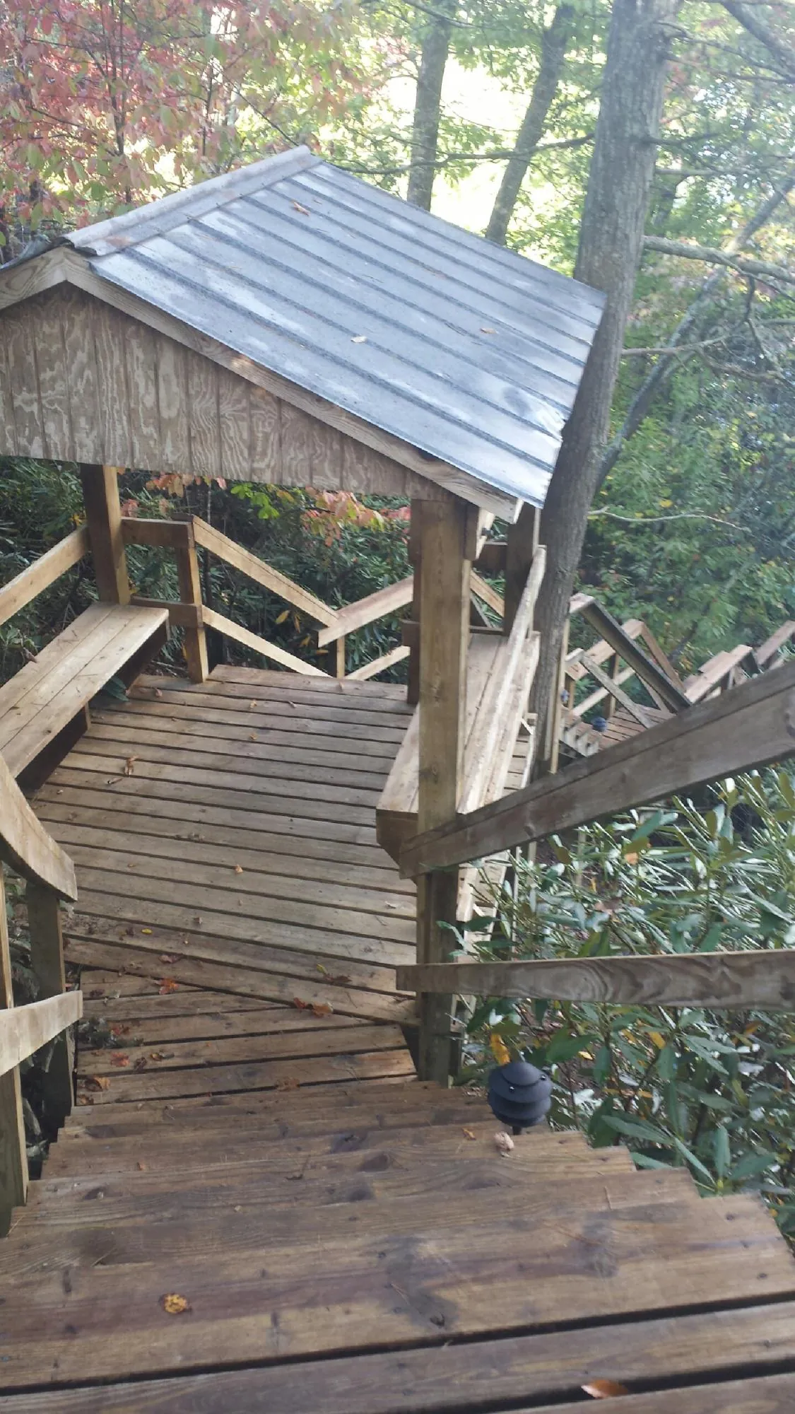 Metal roofed shelter over wooden steps on a wooded walkway — Skylight Repair & Installation work by our crew in Morgantown